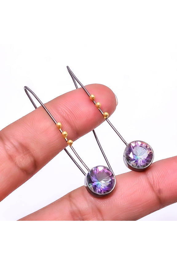 Black Rainbow Mystic Fire Topaz 925 Silver Black & Gold Rhodium Earring 1.95" E8, Valentine's Day Gift, Birthday Gift, Beautiful Jewelry For Woman