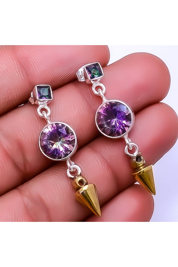Black Rainbow Mystic Fire Topaz 925 Sterling Silver Two Tone Earring 1.50" E13, Gemstone Silver Jewelry, New Year Sale, Valentin's Day Gift