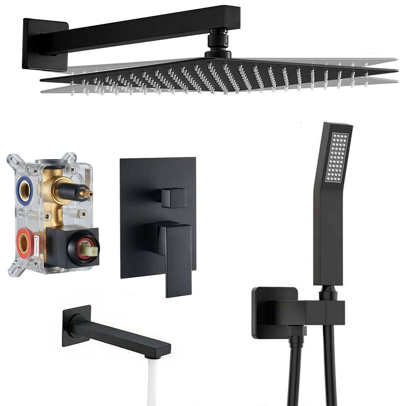 Black Rainfall 12" Shower Head Faucet Set Shower System Tub Spout w/ Mixer Valve
