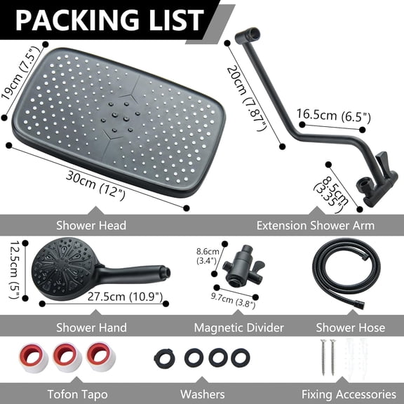 Black Rainfall Shower Head with Handheld Sprayer Set High Pressure 12 Inch Rain Shower Head Combo 11 Setting Hand Spray Dual Shower Heads with Detachable Magnetic Handheld