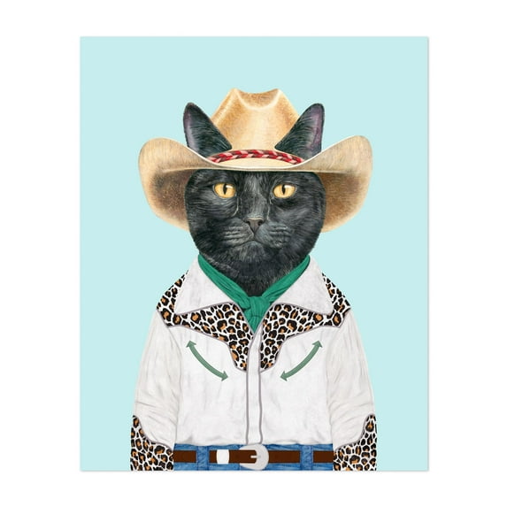 Black Ranch Cat - Painting Cat Cowboy Humor Animal Western Illustration Whimsical Unframed Wall Art Print 18 x 24 inches