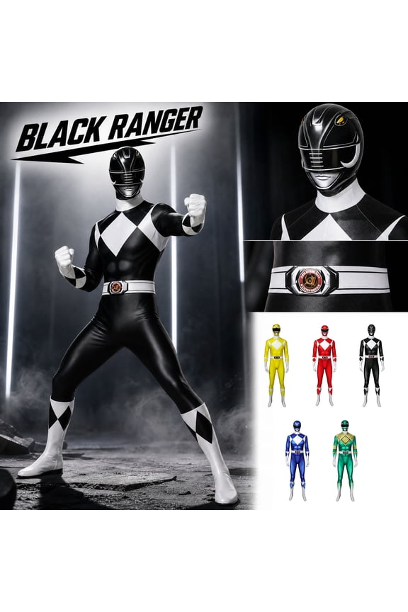 Black Ranger Costume Superhero Cosplay Warrior Jumpsuit Full Body Spandex Bodysuit Halloween Dress Up Party Outfit for Adults Men Power Ninja Ranger Battle Suit