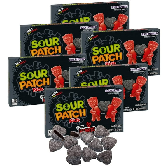 Black Raspberry Sour Hearts Candy, Soft & Chewy Holiday Treat, Valentines Day Gifts Party Favors Gift Basket Stuffers Fillers Decorations, 3.08-oz Box (Pack of 6)
