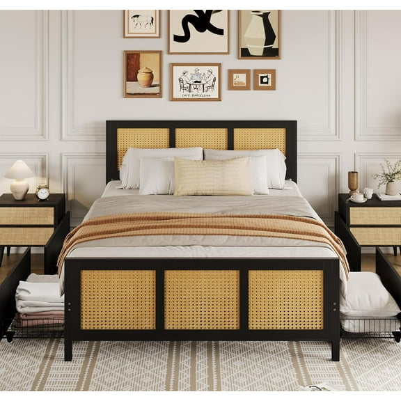 Black Rattan Bed Frame with Headboard, Boho Cane Platform Queen Bed Frame with 4 Drawers, Strong Metal Slats Support, Noise Free, No Box Spring Needed