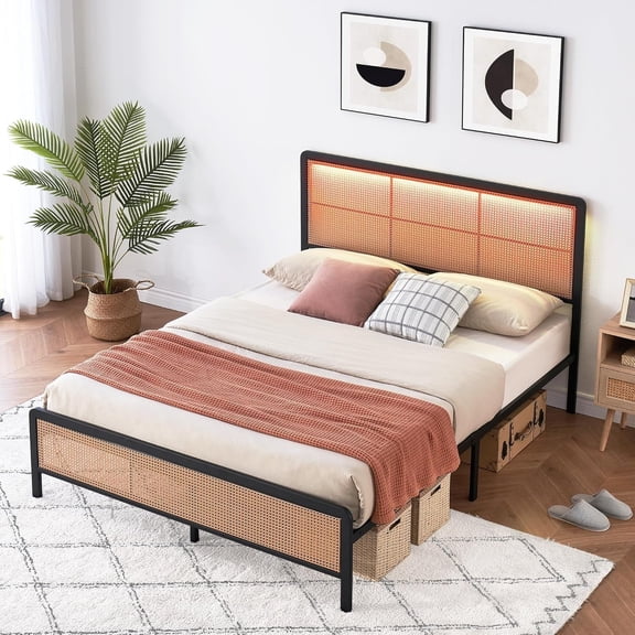 Black Rattan Bed Frame with LED Lights, Modern Rattan Platform Bed Frames with Headboard, Heavy Duty Bed Frame with Metal Slat Support, No Box Spring Needed