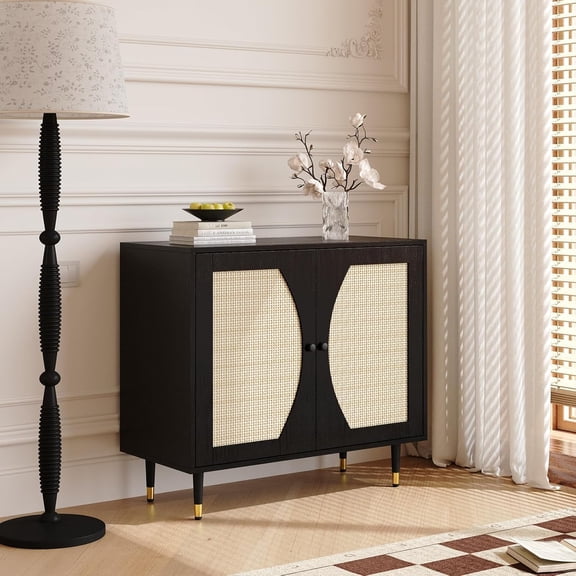 Black Rattan Cabinet, Rattan Buffet Cabinet with Storage, Accent Sideboard Buffet with Adjustable Shelves for Kitchen and Dining Room
