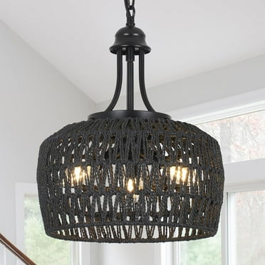 Black Rattan Chandelier for Dining Room, 3-Light Boho Light Fixture with Woven Lampshade, Wicker Pendant Light Ceiling Hanging, Farmhouse Kitchen Chandelier for Bedroom Living Room Entryway