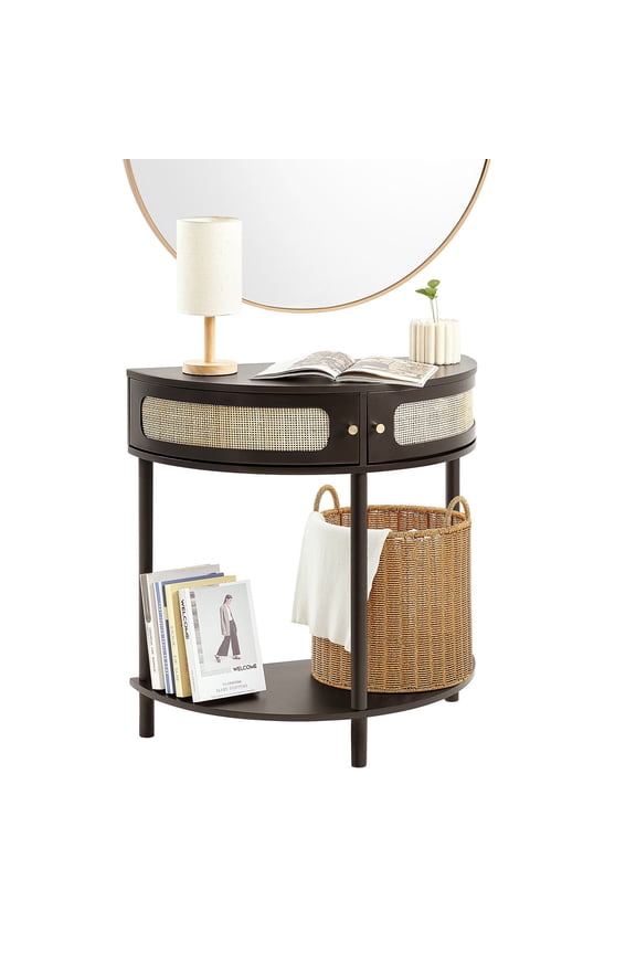 Black Rattan Console Table, Half-Moon Design with 2 Storage Drawers & Sliding Door - Boho Entry Table