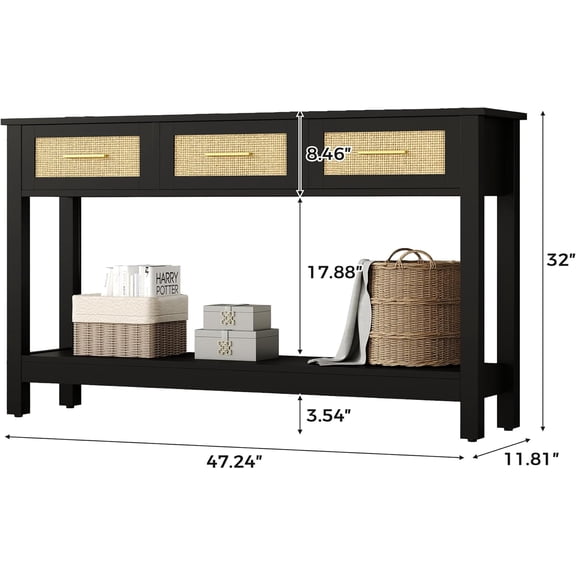 Black Rattan Console Table with 3 Drawers, Narrow Modern Entryway Sofa Table for Living Room Hallway Storage