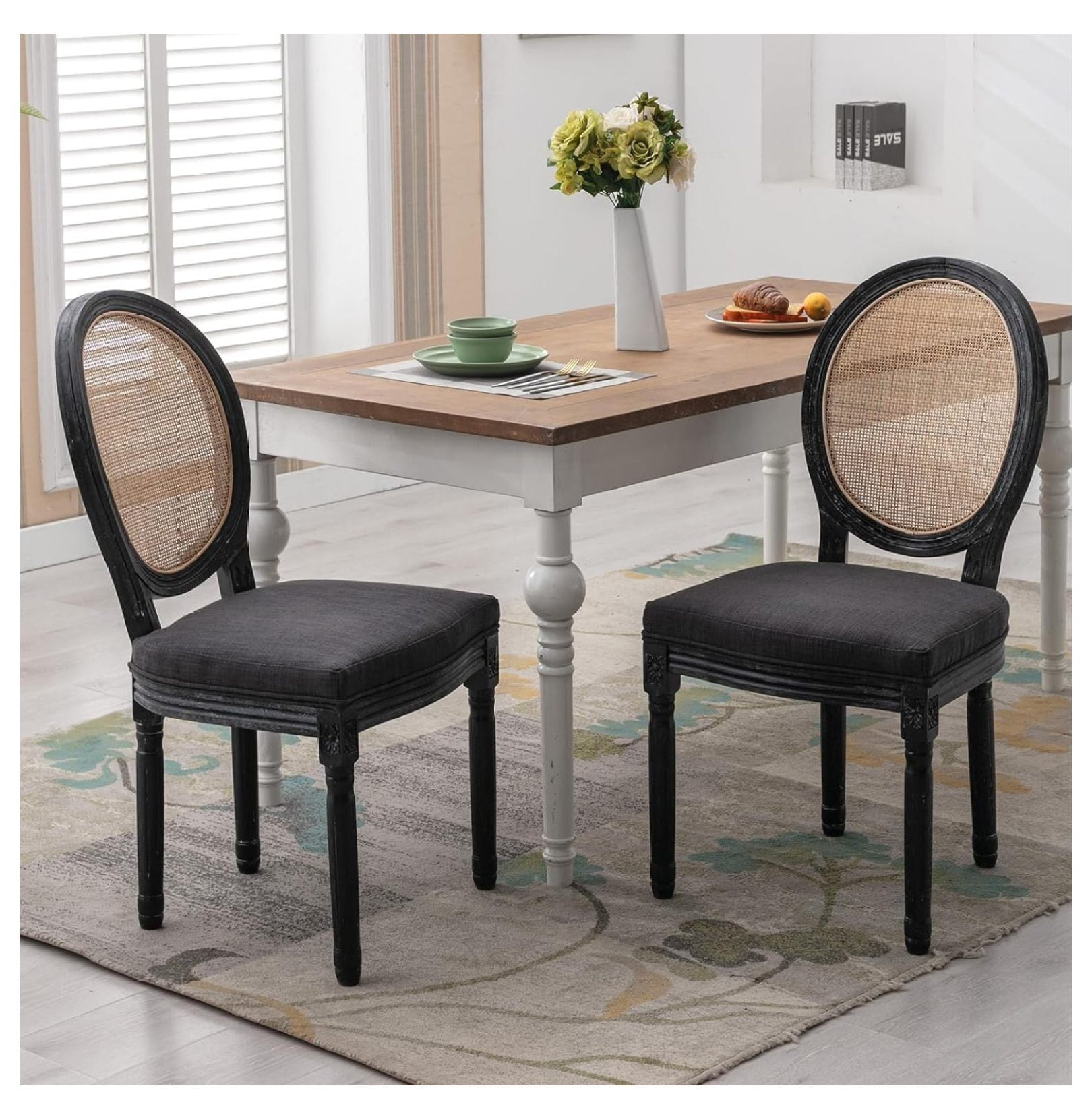Black Rattan Dining Chairs Set of 2, French Country Dining Room Chairs
