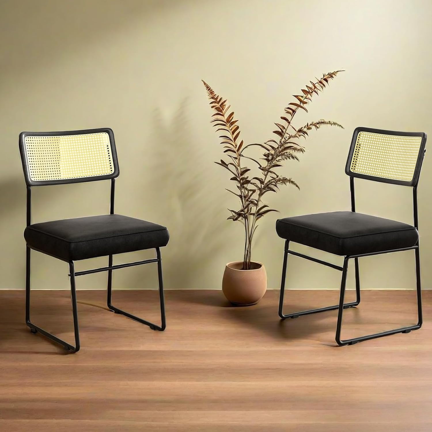 Black Rattan Dining Chairs Set of 2, Mid Century Modern Velvet Wicker ...
