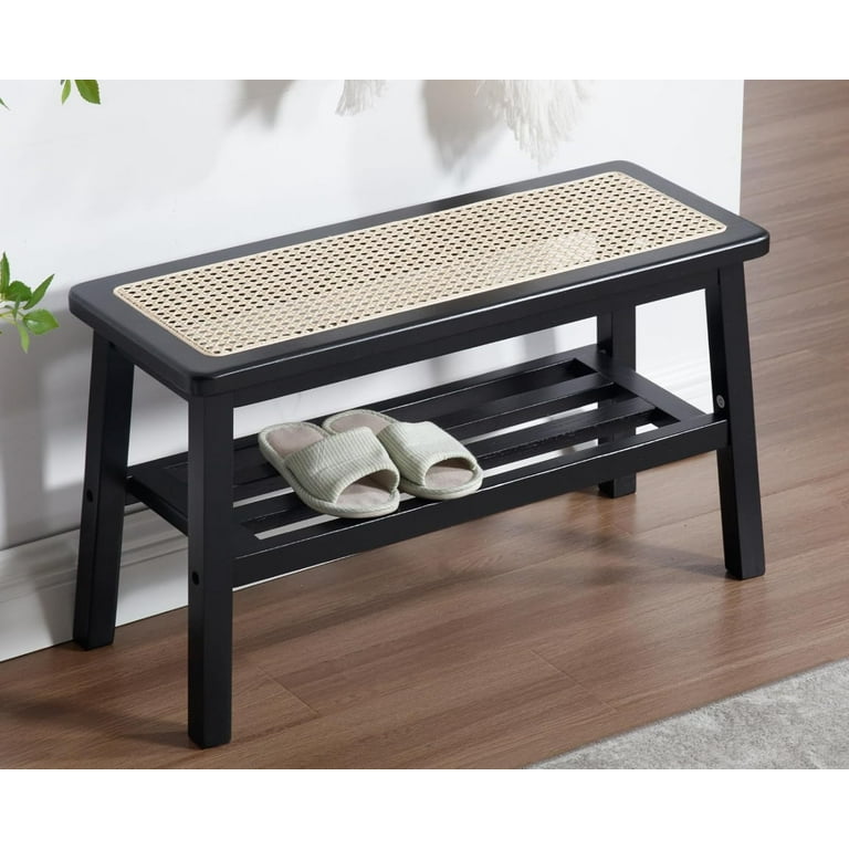 Black Rattan Entryway Bench Wood Bench with Shoe Rack 30 Inch Small Bench Seat Storage Indoor Wooden Dining Bench Farmhouse Vintage Rustic Accent Bench for Porch Dining Room Living Room Walmart