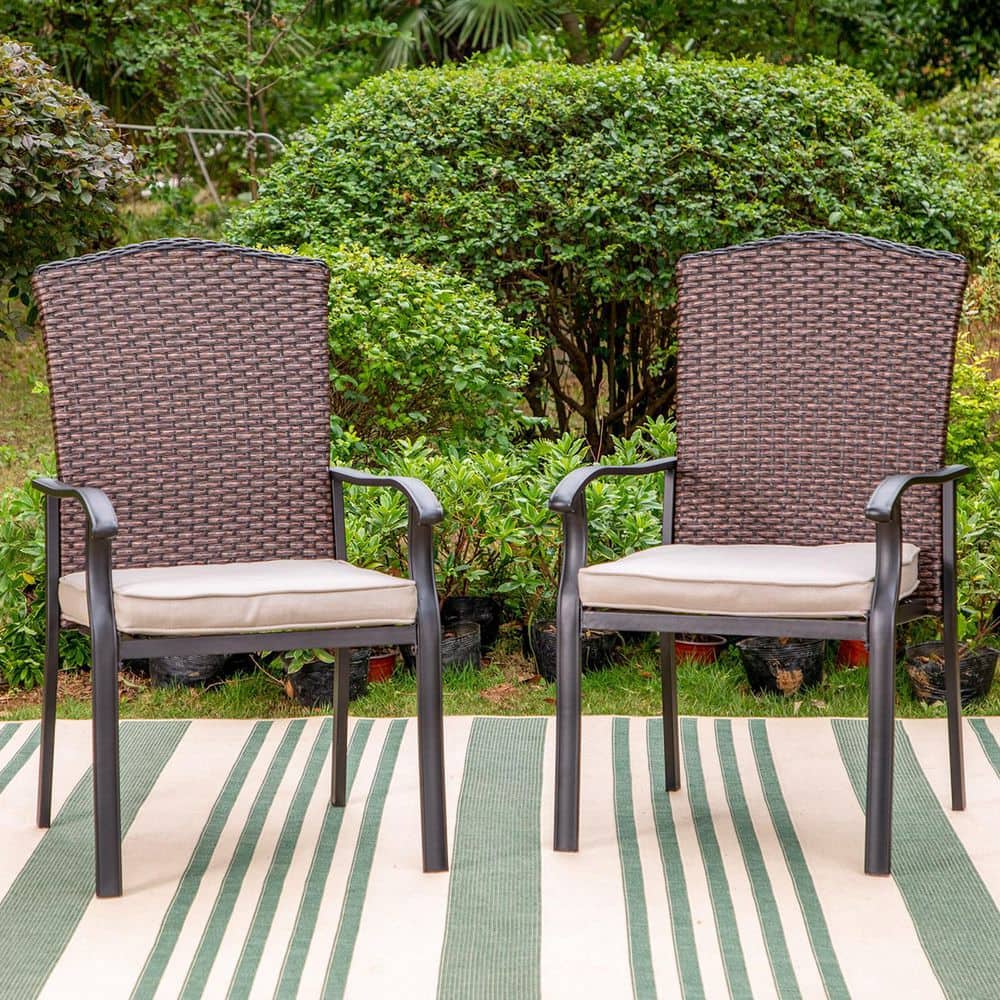 Black Rattan Metal Patio Outdoor Dining Chair with Beige Cushion 2 Pack Walmart