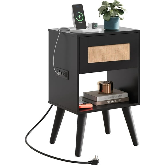 Black Rattan Night Stand with Charger Station, Small Side Table Drawer Storage and Shelf, Mid Century Nightstands with Rattan Decor, Small Side Table for Bedroom, Black