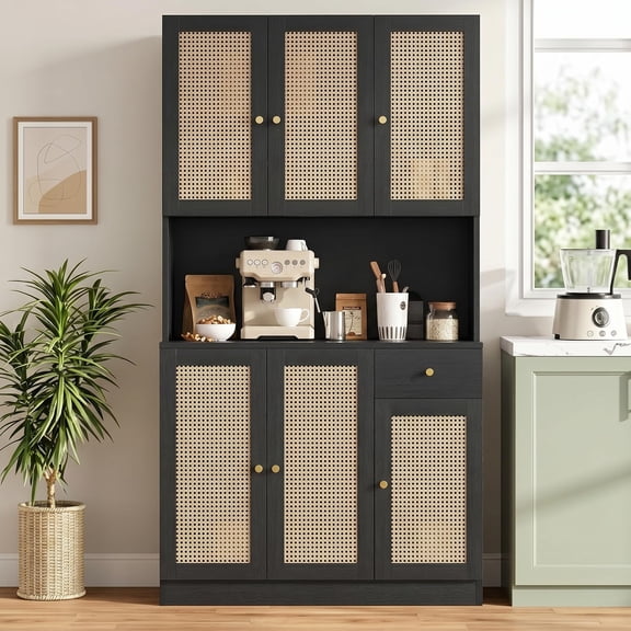 Black Rattan-Paneled Hutch Cabinet With Drawer And Open Shelf For Kitchen Coffee Bar