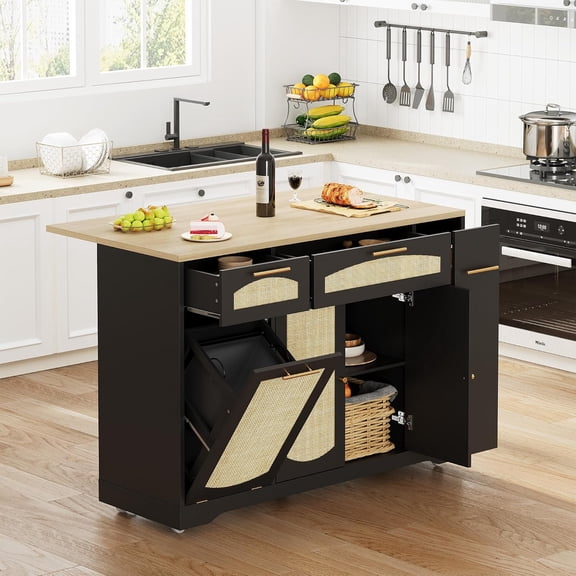 Black Rattan Rolling Kitchen Island – Drop Leaf Table with Tilt-Out Trash Cabinet, 2 Doors, 2 Drawers, Spice Rack, 53.1" Wide Kitchen Cart