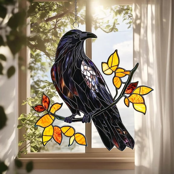 Black Raven Acrylic Suncatcher, Crow Window Hanging, Autumn Fall Bird Decor, Gothic Garden Decor