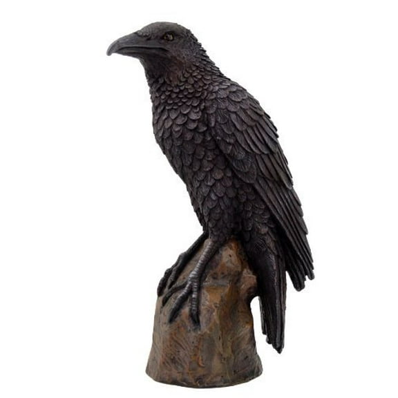 Black Raven Bird on Stump Statue Cold Cast Resin Figurine