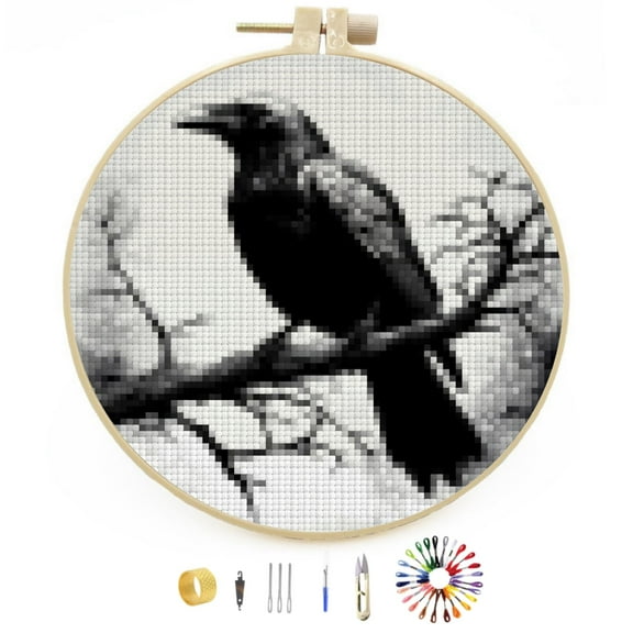 Black Raven on Branch Easy Stamped Cross Stitch Kits for Beginners with Hoop Simple Patterns 11CT Counted Embroidery Needlepoint Crafts Arts for DIY Enthusiasts and Home Decor 26x26cm(4)