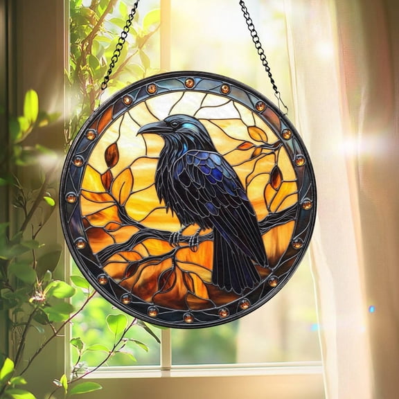 Black Raven Glass Suncatcher: Gothic Crow Window Decor, Suncatcher Window Hanging, 3.5 in