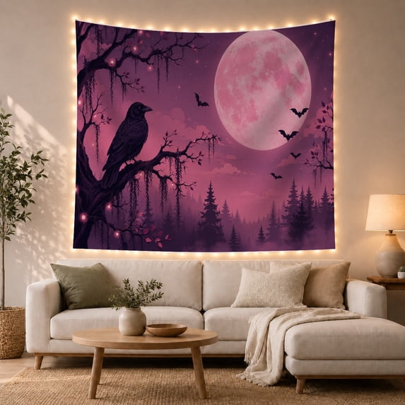 Black Raven Above a Misty Forest Under Pink Moon, Eerie Gothic for Dark Art Lovers, Woodland Decor, Halloween Gift, Tapestry Wall Hanging for Bedroom and Living Room
