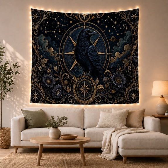 Black Raven Perched With Prominently Center Facing Slightly, Spooky Gothic for Gothic Decor Fans, Dark Art Decor, Halloween Gift, Tapestry Wall Hanging for Bedroom and Dorm