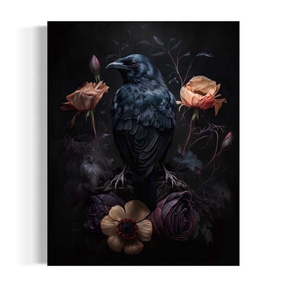 Black Raven And Pink Flowers Wall Art, Gothic Floral Still Life, Botanical Decor, Moody Aesthetic, Dark Academia Antique Rd315 Home Decor #2153, 8x12 UNFRAMED