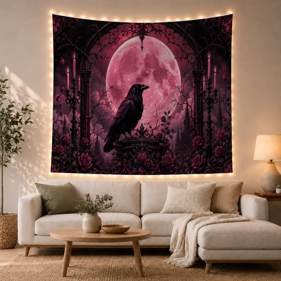 Black Raven Before a Pink Full Moon with Candles, Eerie Gothic for Dark Art Lovers, Corvid Decor, Halloween Gift, Tapestry Wall Hanging for Bedroom and Living Room