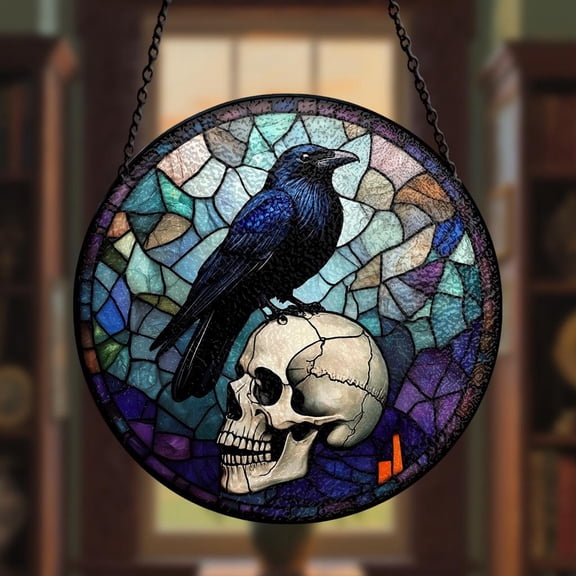 Black Raven Skull Faux Stained Glass Acrylic Suncatcher, Window Hanging Decor, Halloween Gothic Gift