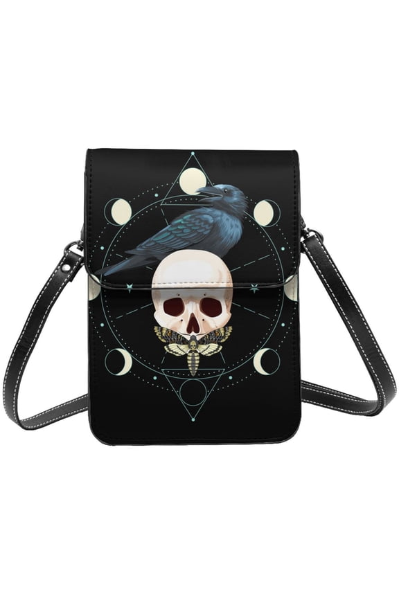 Black Raven Skull Moth Moon Cell Phone Purse Small Crossbody Bag with Strap Credit Card Slots Leather Shoulder Wallet for Women