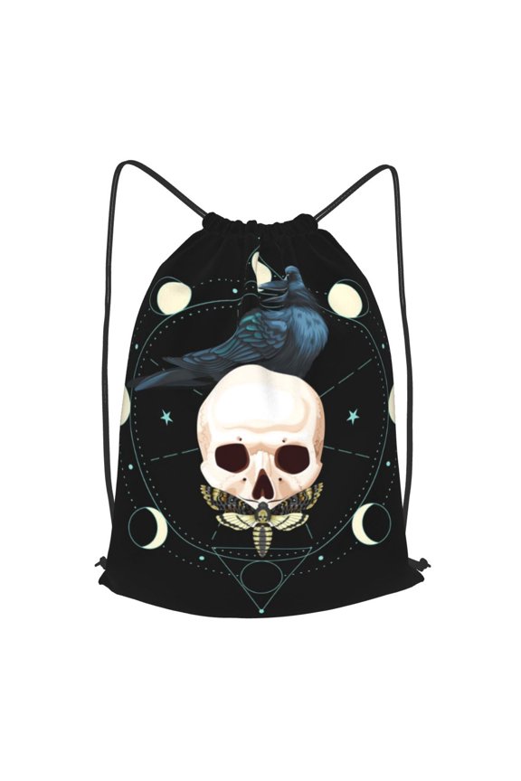 Black Raven Skull Moth Moon Drawstring Backpack Gym String Bag Sports Sackpack Cinch Sack, Small