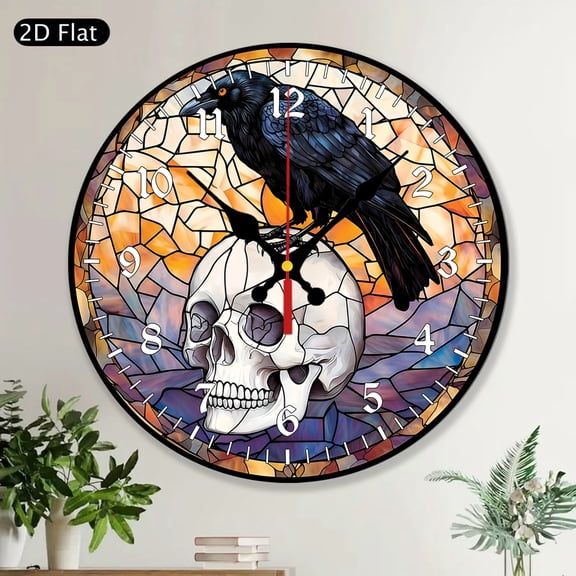 Black Raven Skull Skeleton Gothic Halloween Decorative Round Wall Clock, Stained Glass Style MDF Wood Home Decor