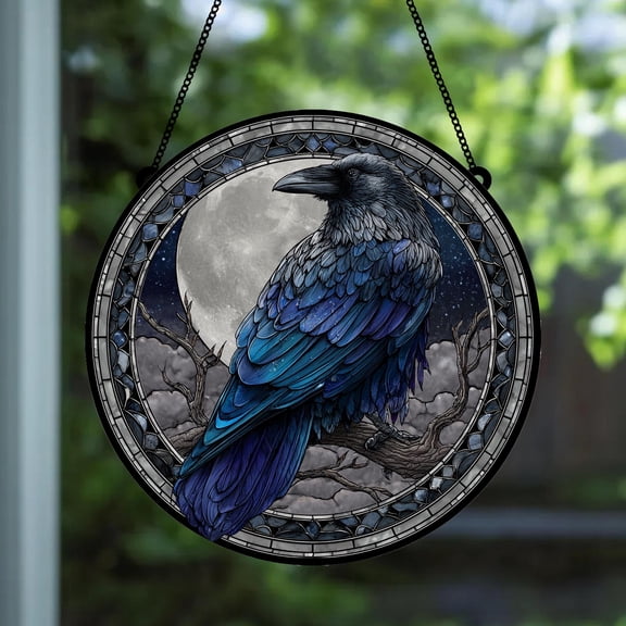 Black Raven Stained Glass Suncatcher Gothic Crow Window Hanging, Autumn Leaves Scene, Bird Lover Home Decor Gift