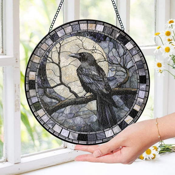 Black Raven Stained Glass Suncatcher, Gothic Crow Window Hanging, Black Raven Halloween Gift