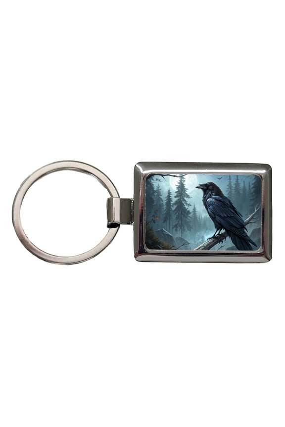 Black Raven at Night Under a Full Moon Metal Rectangle Keychain
