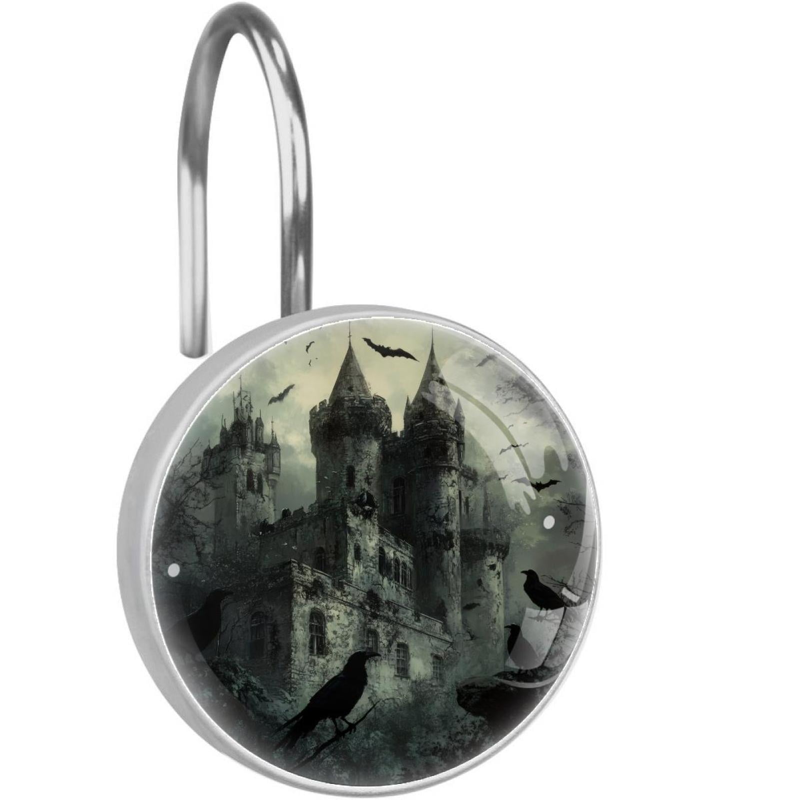 Black Ravens Old Castle Shower Curtain Hooks Round Crystal Glass, Set of 12 Shower Curtain Rings - Shower Hooks for Curtain Shower Rings