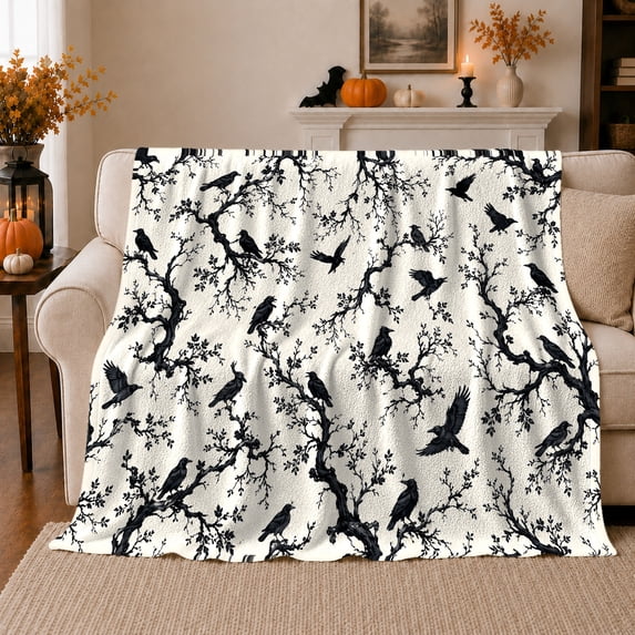 Black Ravens Perched Across Twisting Tree Branches, Soft Flannel Blanket with ornate dark Ink Illustration Print, Housewarming Gift and Home Decor for Bedroom and Living Room