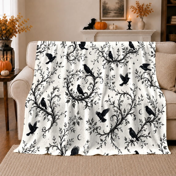 Black Ravens Within Curling Leafy Branch Arrangements, Soft Flannel Blanket with Ornamental ornate dark Botanical Print, Housewarming Gift and Home Decor for Bedroom and Living Room