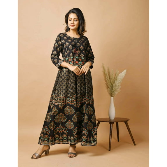 Black Rayon Gold Printed Dress