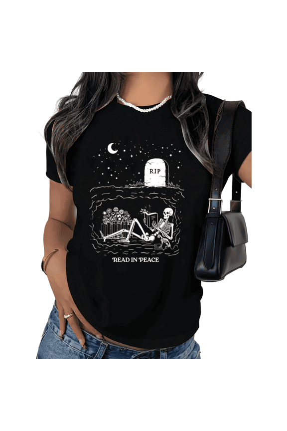 Black Read In Peace Skeleton Reading Print Tshirt Graphic Tees Shirts Funny Book Lover Gothic Halloween Gift Casual Summer Top S 3XL Tops