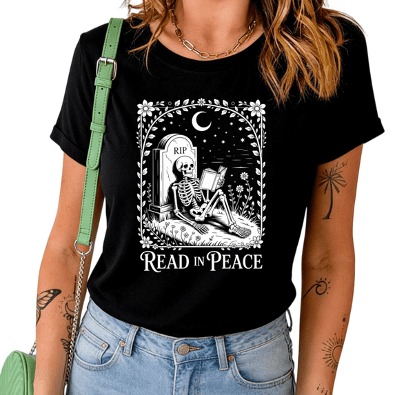 Black Read In Peace Skeleton Reading Tombstone Moon Floral Graphic Tees Print Tshirt Shirts Book Lover Gothic Casual Tops S-5XL