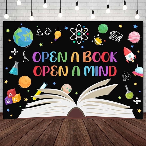 Black Reading Day Vibrant Backdrop Open a Book Open a Mind Background Book Reading Kids Students Classroom Elementary Library Decorations Banner Photo Studio Props
