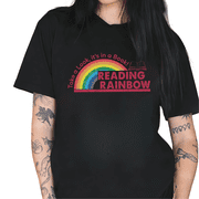 Black Reading Rainbow Take a Look Its in a Book Vintage Distressed Book Lover Gift Casual Graphic T-Shirt Tops S-5XL