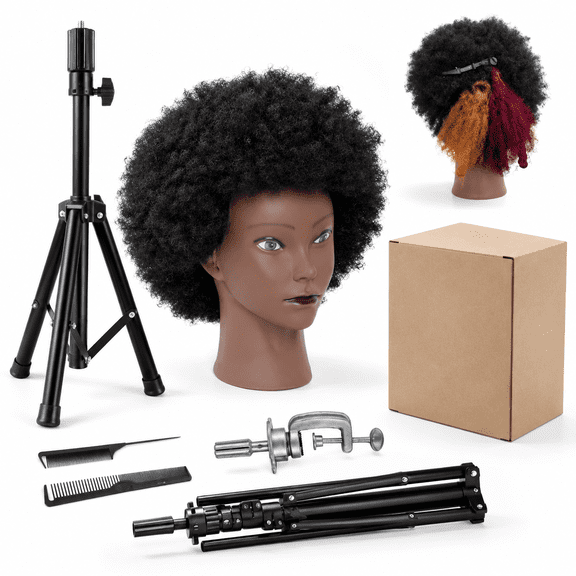 Black Real Human Hair 4c Afro Curly Mannequin Head with 47" Adjustable Stand for Braiding Practice