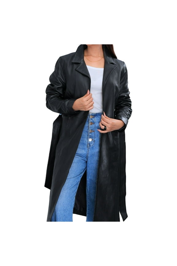 Black Genuine Midlength Leather Belted Trench Coat 3/4 Length Women , Leather Blazer Women