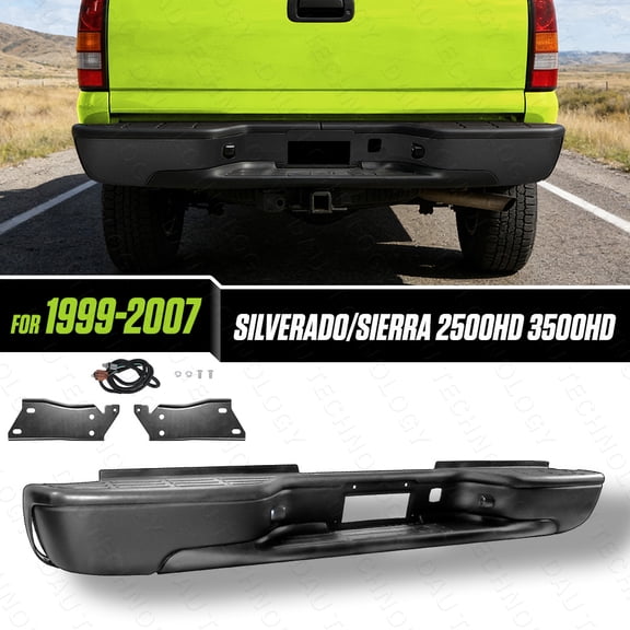 Black Rear Step Bumper Assembly for 1999-2007 Chevy Silverado GMC Sierra 2500HD 3500HD, Fleetside Heavy Duty, Complete Rear Bumper Replacement