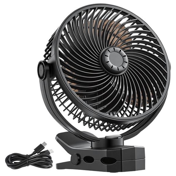 Black Rechargeable Clip On Fan, 3-Speed Portable Clip Fan with Circulation Mode & Strong Clamp