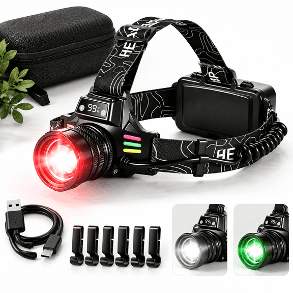 Black Rechargeable LED Headlamp with Red White Green Light Zoomable Beam