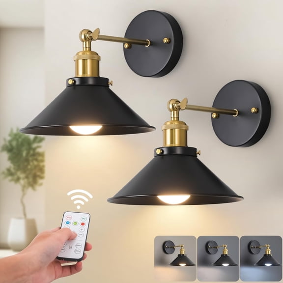 Black & Rechargeable Operated Wall Sconces, Cordless Led Wall Lights Set of 2, Wall Lamp Fixture Indoor with Remote Control for Bedroom Farmhouse Gallery