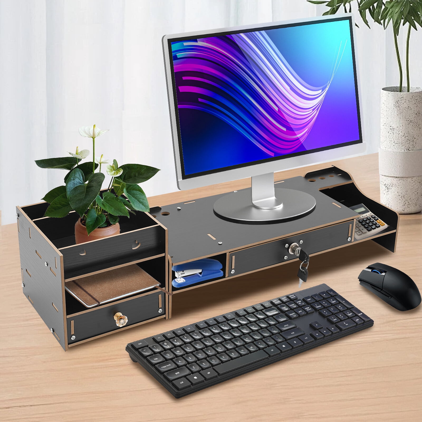 Black Rectangle Adjustable Desktop Monitor Stand Multifunctional ...